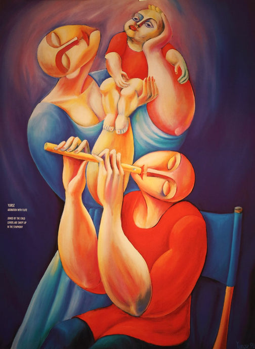 Adoration with flute fine art poster. Blue red and purple images of mother caressing a child as the father plays flute. Art print for sale. 